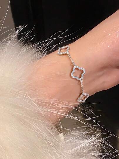 Newsoul 1 pieza Elegante brazalete circular de plata de ley S925 con trébol de cuatro hojas geométrico, joyería fina como regalo para mujeres, novia, dama