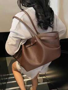 Dedoo CHAIKA & KILTER Solid Color PU Leather Shoulder Bag, Women's Retro Casual Large Capacity Handbag With Adjustable Strap, Pleated Design, Dual Handles And Magnetic Snap, Suitable For Travel, Shopping, Dating, Teens, College Students, Young Professionals, Office, School, Work, Business, Commuting, Outdoor, Travel, Hiking And More, New Fashion Large Capacity Women Tote - Coffee - View 4
