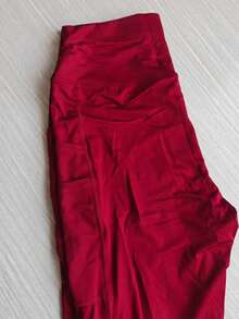 1 pieza Pantalón de yoga color vino tinto talla grande, ropa exterior para primavera, verano, otoño e invierno, con 4 bolsillos, diseño frontal sin molestias, cintura de doble capa para estilizar