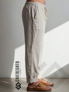 Men's Beige Linen Pants Beach Adjustable Drawstring Baggy Trousers Straight Casual Streetwear Balloon Bag Everyday - Màu be - Xem 2