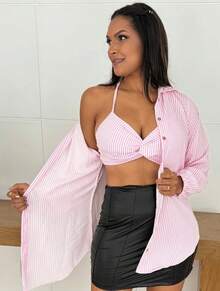 Striped Shirt And Crop Top Set With Tie Straps Simple Striped Casual Elegant Openwork Fabric Twisted Button Beach Holiday - Màu hồng gỉ - Xem 2