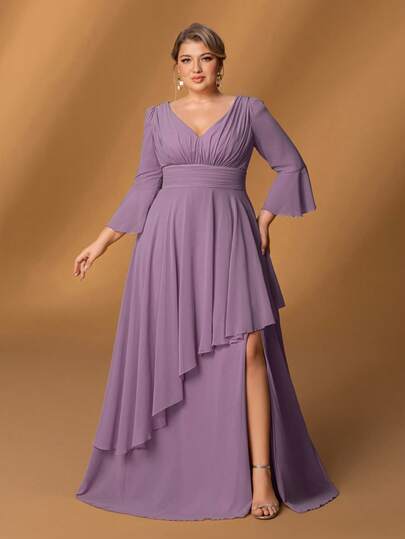 Faeriesty Mosy Plus 优雅加大码新娘母亲礼服：迷人的V领设计，优雅的七分袖，精致的高开衩裙摆和飘逸的A字裙摆。完美适用于婚礼招待会、正式晚宴、奢华晚宴、尊贵的家庭聚会和高档花园庆典。