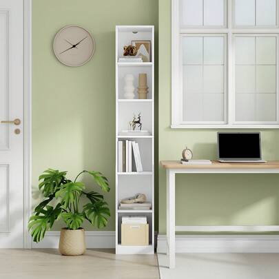 HEXCELEN Boekenkast, met 6 Niveaus, Smalle Boekenkast, Vrijstaande Boekenplank, Staande Opslagstandaard, voor Studio, Woonkamer, Slaapkamer, 28 * 30 * 182 cm, Moderne Uitstraling, Wit