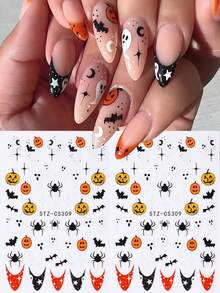 Halloween Nail Stickers Cute Ghost Pumpkin Self Adhesive Nail Decals Spooky Mushroom Ghost Flower Nail Art Design Black Cats Spider Bats French Manicure Supplies For Women DIY Nail Charms Decorations