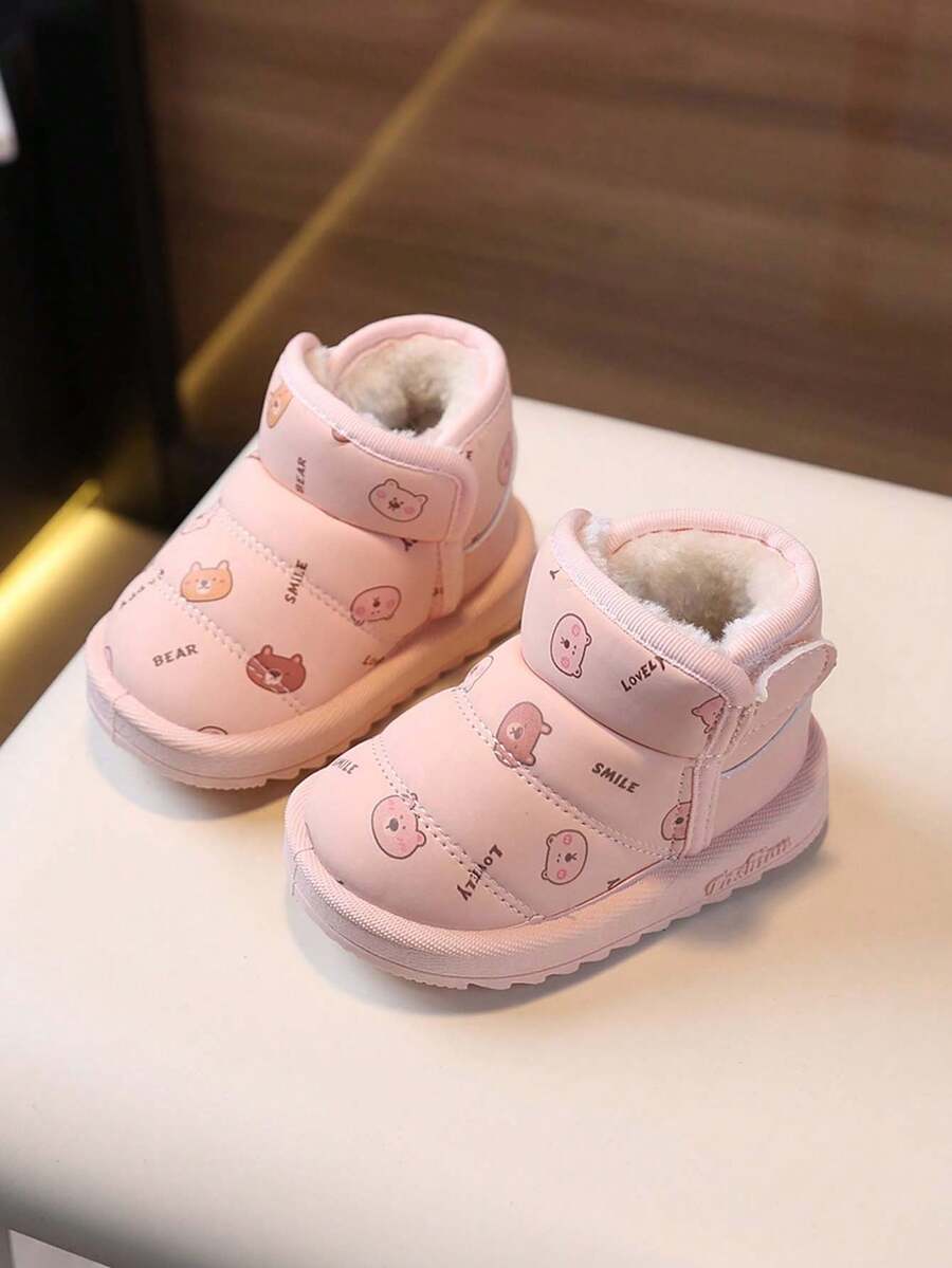 1 双男女通用婴儿卡通印花厚软底雪地靴，适合幼儿和儿童的温暖冬靴