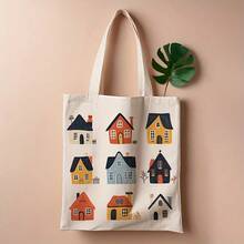 1pc Cartoon House Illustration Canvas Tote Bag - 13.8x15.8 Reusable Grocery Bag, Durable Polyester Canvas With Leak-Proof Design, Colorful Whimsical Houses Pattern Daily Commute, School, Shopping - House Lovers (Mother's Day, Graduation, Easter), Everyday Carryall, Sturdy Construction, Students And Commuters
