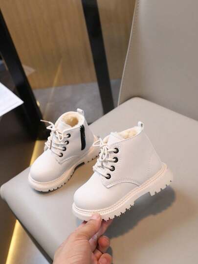 1 par de botas cálidas forradas térmicas de moda sencillas para niños con cremallera lateral, planas, con cordones, casuales, de caña baja, sencillas, antideslizantes, de cuero, adecuadas para otoño/invierno (el tamaño es talla grande pequeño)