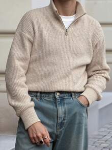 Vintage Style Men's Casual Loose Solid Color Textured Zip-Up Long Sleeve Sweater, Suitable For Commuting And Business