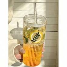 1个条纹玻璃杯，带吸管和盖子 - 20.29盎司/600毫升，外观精美的玻璃饮水杯，适用于咖啡、茶、牛奶、冰美式咖啡和拿铁等饮品。 - 彩色 - 查看 8
