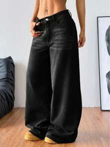 Teenagers' Fashionable Wide-Leg Black Casual Denim Jeans - Black - View 3