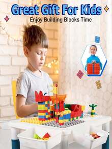 Mesa de bloques de construcción multifuncional para niños todo en, mesa de actividades y juego de sillas con 206 bloques, almacenamiento, mesa de agua/mesa de /mesa de juegos/mesa de comedor para niños pequeños (azul) - Azul y blanco - Ver 6