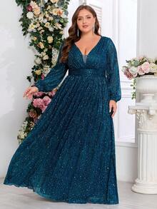 Vestido formal de fiesta con cuello en V, manga farol y brillo para tallas grandes