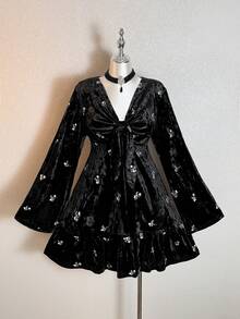 Rusttydustty Damen Große Größen Boho Tee-Party Alltags Nationalität Urlaubs Schwarzes Samt Mini-Kleid mit Blumenstickerei, Bindedetail, A-Linie Langarm Kleid für Cyber Monday, Weihnachten, Thanksgiving, Silvester Partys