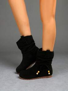 Stivaletti alla caviglia piatti da donna alla moda, con lacci sul collo del piede, decorati con perline colorate, stivali  morbido e plissettato, adatti per l'autunno/inverno, per uso quotidiano e per la guida di motociclette