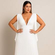 Long Pleated Dress V-Neckline Bridesmaid Dress For Wedding Graduation And Parties - White - View 4