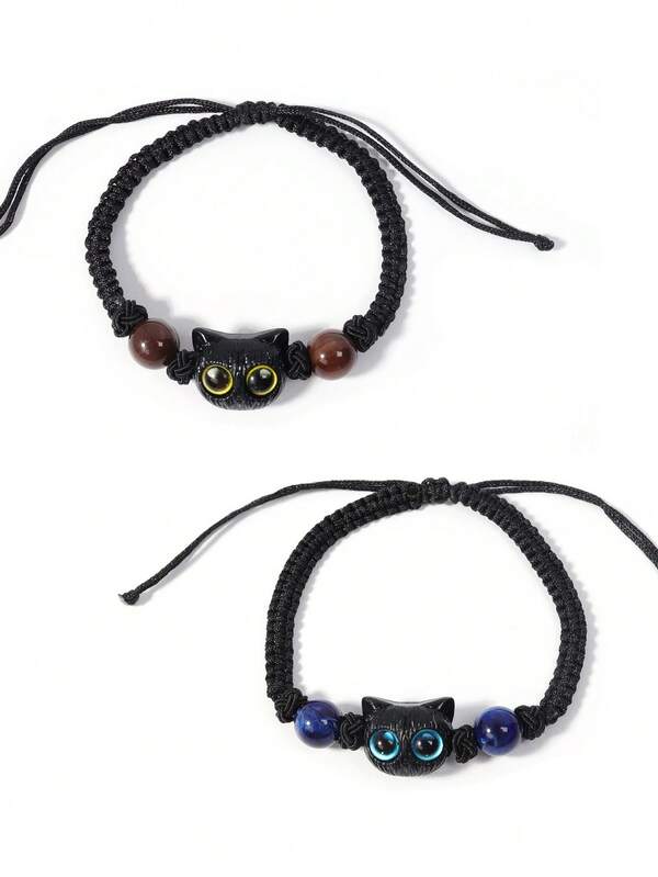Set de 2 pulseras minimalistas con cuentas con diseño de gato negro y blanco, pulsera de trenzada para pareja, accesorio popular unisex