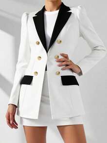 Contrast Color Block Double-Breasted Blazer And Mini Skirt Set, Spring/Summer - White - View 3