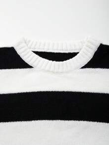 Suéter de Malha Unissex de Estilo de Rua Casual Folgado, Quente para Primavera, Outono e Inverno, Design Europeu e Asiático, Manga Longa, Ombro Caído, Gola Careca Minimalista com Listras - Branco - Visão 4