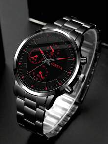 2件套时尚商务绅士圆形黑色钢带石英表，搭配水钻手链组合礼盒，适合节日、派对、商务及日常佩戴。 - 紅色 - 查看 3