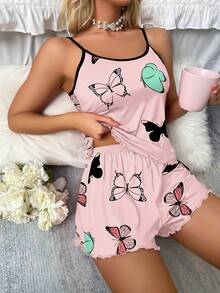 Print Pajama Set, Lettuce Embellished Suspender Top And Elastic Belt Shorts, Women's And Loungewear - Apricot - View 7