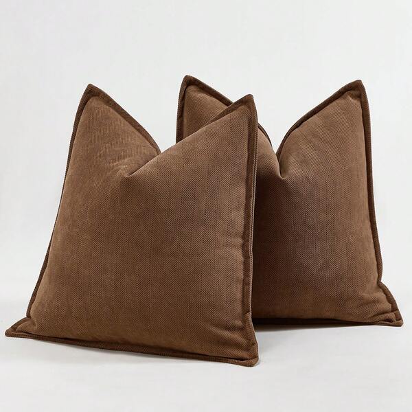 1pc Camel Herringbone Piped Cushion Cover, Modern Luxurious Soft Chenille Piped Decorative Pillow Sham, Suitable For Sofa, Bed, Bedroom, Office, Hotel, All Season