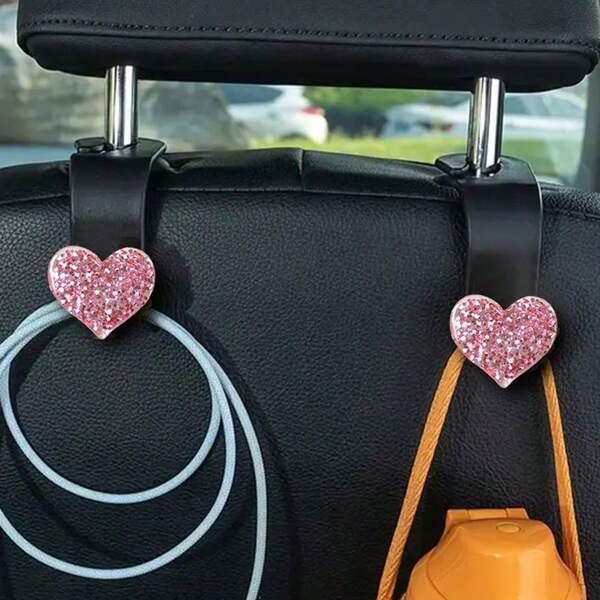 2 pezzi Ganci per auto con strass a forma di cuore per borse e borsette, appendiabiti versatile per poggiatesta per organizzazione degli interni del veicolo, soluzione di stoccaggio elegante per zaini, ombrelli e borse della spesa, accessorio decorativo per auto scintillante nei colori rosa, rosso, argento e blu, essenziale per praticità e stile durante gli spostamenti