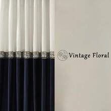 Vintage Velvet Curtains For Living Room 84 Inches Long Ivory Navy 2 Panels Set Window Treatment Retro Curtain Embroidered Floral Drapes Blackout Curtains - 藏蓝色 - 查看 2