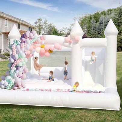 15 Ft (L) Backyard Inflatable Castle Bounce House For Kids & Adults, 0.45 Mm Commercial-Grade PVC, With Blower, Slide And Ball Pit, Wedding Party Decoration, Yard Activities Fun, Valentine's Day And Birthday Decorations For Home Vintage, 15 X 15 X 10 Ft