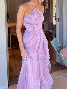 Women's Boho Halter Backless Maxi Dress Sleeveless High Waist Ruffled Party Prom Evening Dresses - Màu tím - Xem 2