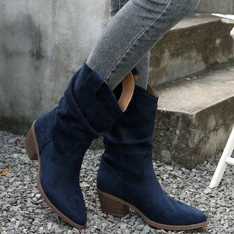 Women's Mid-Calf Slouch Boots, Slip-On Wrinkled Pointed Toe Retro Western Cowboy Boots