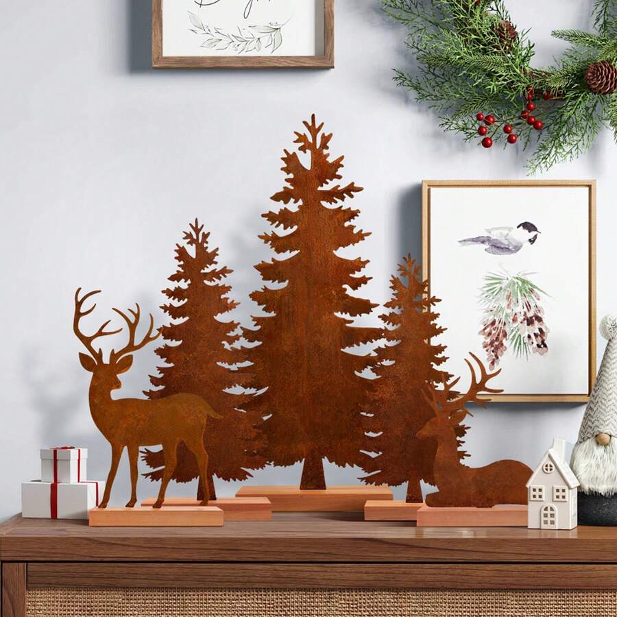 5pcs Christmas Decorations Mini Christmas Trees And Reindeer,Christmas Tabletop Decor,Rusty Vintage Style,Suitable For Room Decor,Home Decor,Bedroom Decor,Christmas Decoration,Christmas Gifts,Birthday Gifts,Wedding,Enhance Festive Atmosphere Winter Christmas Decorations Home Christmas Gifts Christmas Decor