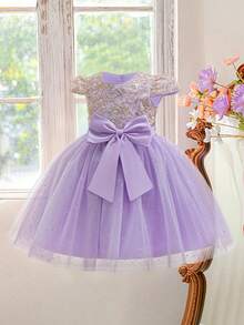 Young Girls Embroidered Mesh Princess Dress With Cap Sleeves, Suitable For School Graduation Ceremony, Flower Girl, Wedding, Does Not Include Headband - Mauve Purple - View 4