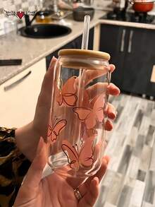 2 件/套蝴蝶盖吸管玻璃杯 - 大容量[450ML/15.22oz]罐形水瓶、冰咖啡杯、奶茶吸管杯、饮料吸管杯，送给朋友的最佳礼物！ - 彩色 - 查看 8
