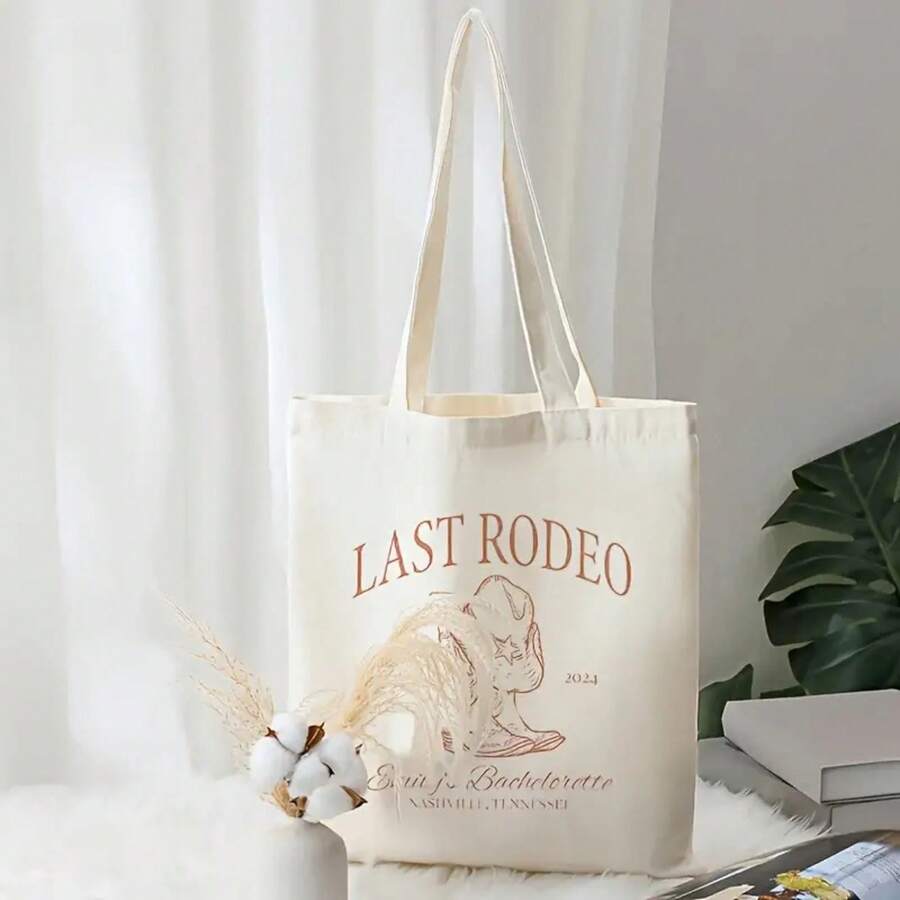 1pc Last Rodeo Bachelorette Tote Bag - Western Cowboy Hat Graphic & TN Wedding Dates (2014), Beige Folding Shoulder Bag With LAST RODEO Text, Lightweight & Spacious Bachelorette Party, Wedding, Travel - Bridal Shower Women