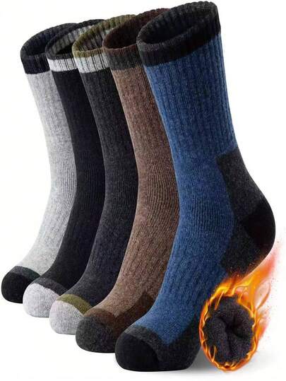 5 Pairs Men's Thick Thermal Crew Socks, Warm Thermal Lined Socks Suitable For Outdoor Activities Like Hiking, Skiing In Autumn/Winter, Cozy Socks