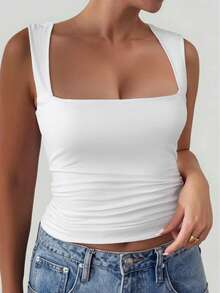 女式 Y2K 休闲纯色方领修身背心，夏季