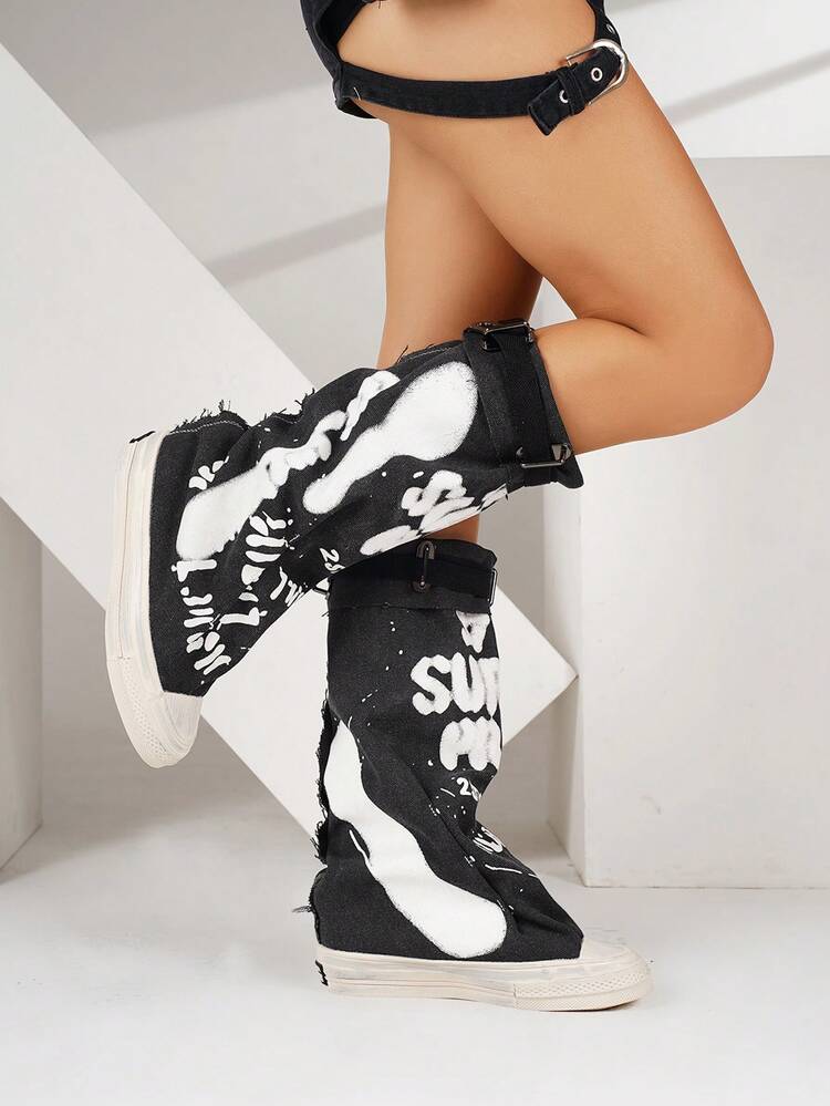 Fall/Winter Women's Gray Round Toe Thick Sole Flat Ankle Boots, Casual Canvas Ankle Boots For Spring & Autumn, Boots For Women - Black - View 4