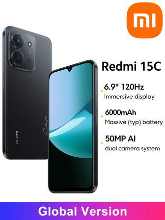  Redmi 15C Smartphone Global Version 6000mAh (Typ) Battery 6.9" Dot Drop Display 120Hz Refresh Rate 50MP Main Camera 33W Fast Charging AI Face Unlock Xiaomi HyperOS 2 IP64 Splash, Water And Dust Resistant *NO NFC Version,Christmas Gifts For Children And Parents