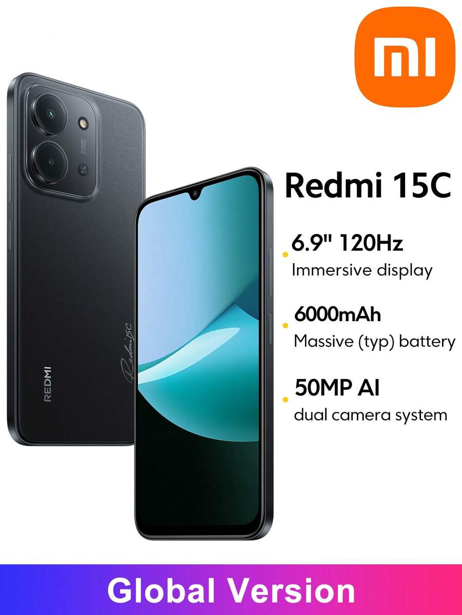 Xiaomi Redmi 15C Smartphone Global Version 6000mAh (Typ) Battery 6.9" Dot Drop Display 120Hz Refresh Rate 50MP Main Camera 33W Fast Charging AI Face Unlock Xiaomi HyperOS 2 IP64 Splash, Water And Dust Resistant *NO NFC Version,Original And Authentic - Black - View 1
