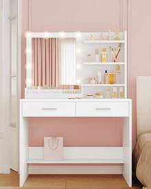 HEXCELEN 90cm Dressing Table With Mirror, Dressing Table With LED, 3 Brightness Levels, 2 Drawers, 4 Open Shelves And 2 Compartments, Dressing Tables, Modern, White - Phích cắm loại C của EU (220-240V) - Xem 2