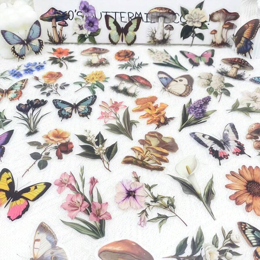 50PCS Retro Mushroom Plant Butterfly Transparent Doodle Decorative Sticker Creative DIY Skateboard Water Cup Motorcycle Helmet Decal