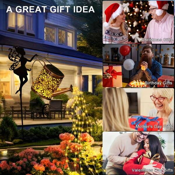 1pc Solar Powered Fairy Watering Can Lamp With Floral Pattern, Angel Holding Watering Can, Warm Color Solar Powered Watering Can Lamp, Solar Garden Light, Outdoor Solar Watering Can Lamp, Hanging Solar Lantern, Garden Art Lamp, Decorative Metal Waterfall String Lights