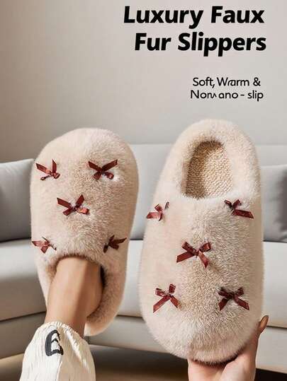 Pantuflas para mujer con suela blanda y antideslizante, cómodas y holgadas con decoración de lazo de felpa para uso en interiores en otoño/invierno