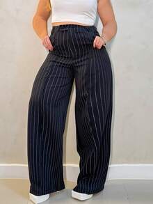 A&DD MODA, REF: H928(PLUS SIZE)Women's Striped Pants, High Waist Pants, Casual Straight Pants, Wide Leg Pants, Elegant Casual Look, Everyday Pants, Modern Style, Women's Striped Pants, Comfortable And Sophisticated Look, Work Pants, Uncomplicated Look, Lightweight Fabric Pants, Comfortable Women's Pants - 黑色 - 查看 1
