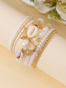 7pcs/Set Rice Bead, Pearl, Alloy Starfish Decor Multi-Layer Bracelet For Women