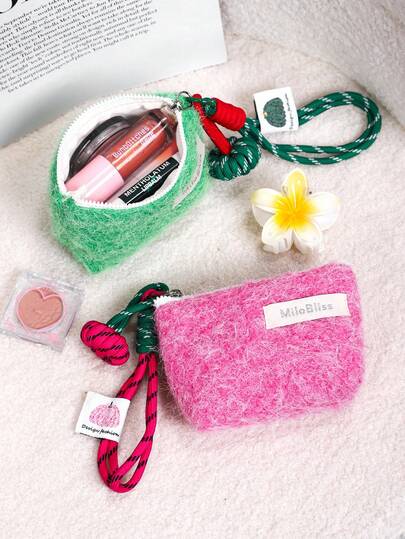 Bolsa de cosméticos minimalista de pelúcia, bolsa de armazenamento de cor sólida, bolsa de maquiagem portátil com alça de pulso e porta-moedas com zíper, adequada para outono/inverno, pode ser usada como um presente atencioso para meninas e jovens elegantes, aplicável para deslocamento diário e diversas ocasiões