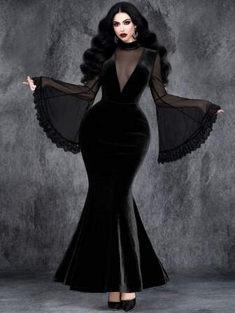 Vestido de fiesta gótico, sexy y oscuro de estilo retro y romántico para Halloween, con mangas largas, cuello en V, encaje y terciopelo, ideal para el papel de novia fantasma oscura en una boda oscura