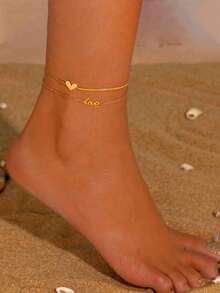 1 件女士时尚优质双层英式爱心脚链，防水不锈钢，不褪色，适合日常佩戴、派对、聚会、海滩 - 款式10 - 查看 2
