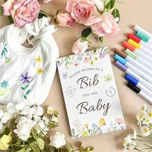 D33Pcs Baby Shower Games Bib Decorations Set With 20 White Bibs 12 Color Fabric Markers And 1 Wooden Wildflower Game Sign DIY Baby Shower Activity Kit For Gender Reveal Party Decor Plies10 - 如圖 - 查看 2