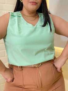 RAINBOW Plain Tank Top Sleeveless Blouse Plain Creppinho With 4 Buttons Plus Size G1G2G3 46-52 Casual Women - 62-VERDE LIMAO - 查看 4